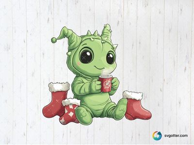 Adorable Grinch with Festive Mug, Best for holiday enthusiast, best on mug, best to be applied with sublimation