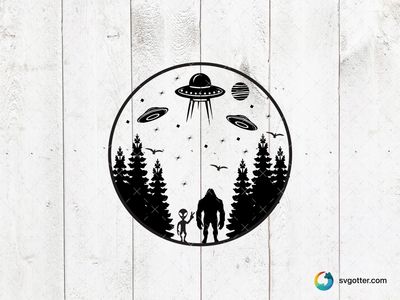 Alien and Bigfoot Encounter, Best for sci-fi enthusiasts, best on wall art, best to be applied with screen printing