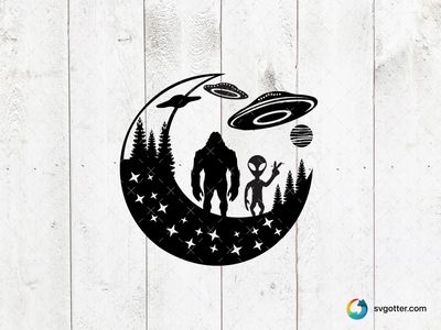 Alien and Bigfoot Encounter, Best for sci-fi enthusiasts, best on t-shirt, best to be applied with screen printing