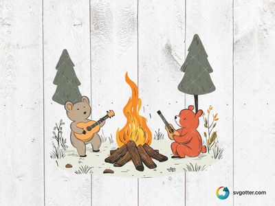 Bears Playing Guitar by Campfire, Best for campers, best on wall art, best to be applied with print and cut