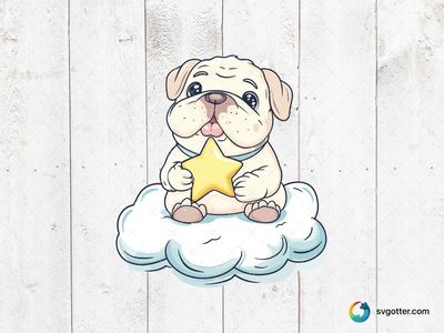 Bulldog on a Cloud with Star, Best for pet lovers, best on baby onesies, best to be applied with sublimation