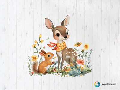 Cute Deer and Rabbit in Flower Field, Best for child, best on wall art, best to be applied with sublimation