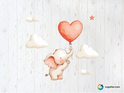 Cute Elephant with Heart Balloon, Best for child, best on baby onesies, best to be applied with sublimation