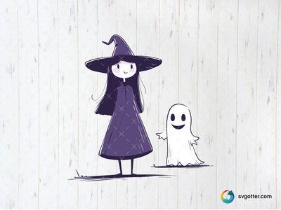 Cute Witch and Ghost Illustration, Best for children, best on t-shirt, best to be applied with sublimation