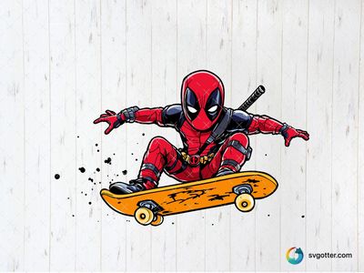 Deadpool Skateboarding Action, Best for comic book fans, best on t-shirt, best to be applied with screen printing