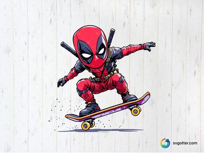 Deadpool Skateboarding Action, Best for comic book fans, best on t-shirt, best to be applied with screen printing