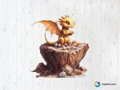 Kawaii Baby Dragon on Rock, Best for child, best on t-shirt, best to be applied with sublimation