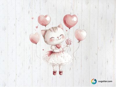 Kawaii Cat with Balloons, Best for child, best on baby onesies, best to be applied with sublimation