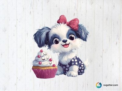 Kawaii Dog with Cupcake, Best for pet lovers, best on t-shirt, best to be applied with sublimation