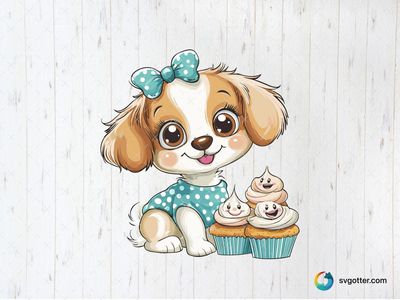 Kawaii Puppy with Cupcakes, Best for pet lovers, best on t-shirt, best to be applied with sublimation