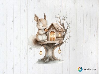 Kawaii Squirrel Treehouse, Best for child, best on wall art, best to be applied with sublimation