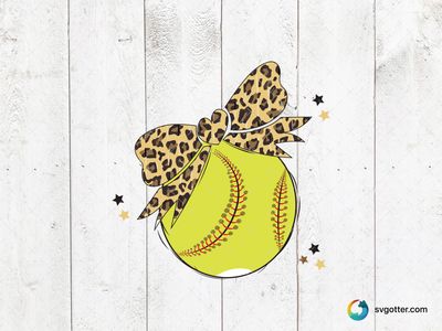 Leopard Print Softball with Bow, Best for sports fan, best on t-shirt, best to be applied with heat transfer vinyl