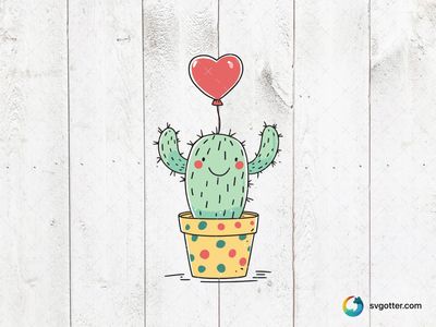 Smiling Cactus with Heart Balloon, Best for plant lovers, best on t-shirt, best to be applied with sublimation