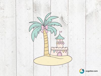 Tropical Palm and Sandcastle, Best for beach lovers, best on tote bags, best to be applied with sublimation